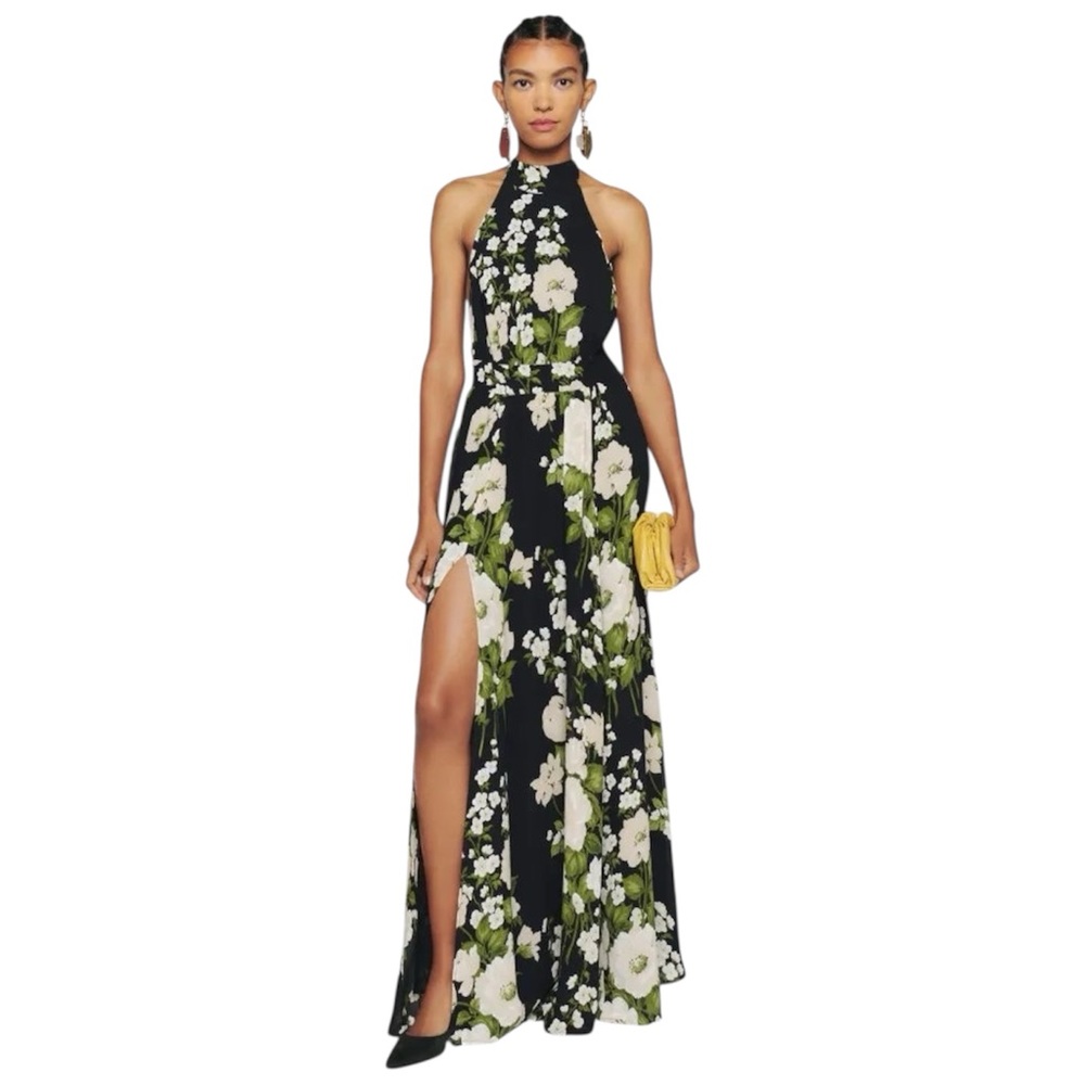 Reformation Andee Floral Halter Maxi Dress in Raven Open Back Slit Size 2 NWT - Picture 11 of 15